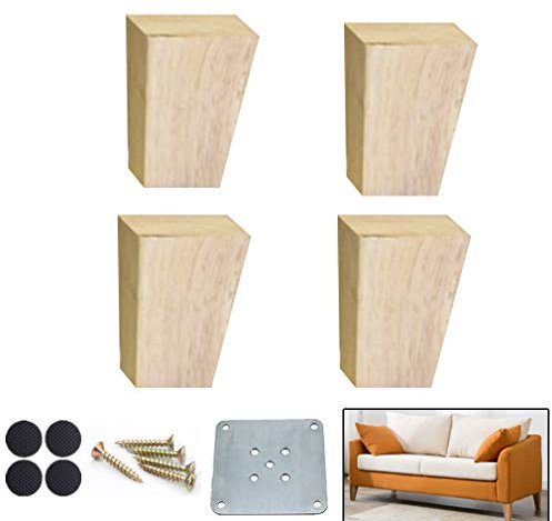 4 Stück Eiche Möbelfüße,Sofafüße,Bett Beine,Schrankfüße,Fußbank, Küche Fuß,Quadratische Holzbeine,mit Montageplatten und Schrauben (3.9in/(10cm),Wood color)