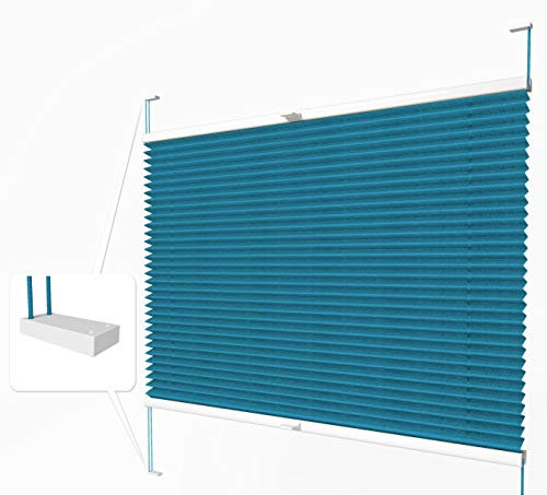 Home-Vision® Plissee zum Anschrauben in der Glasleiste Innenrahmen Kollektion „Melange” Leinenoptik Blickdicht Plissee Jalousie mit Halterungen zum Bohren, Sonnenschutzrollo (Blau, B135cm x H200cm)