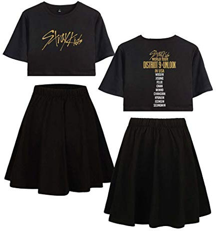Flyself Damen Kpop Stray Kids T-Shirts und Rock Set Gedruckt Zweiteiler Lässige Sommer T-Shirts + Rock Anzug Active Trainingsanzüge Bang Chan Changbin Hyunjin Jisung Minho Woojin