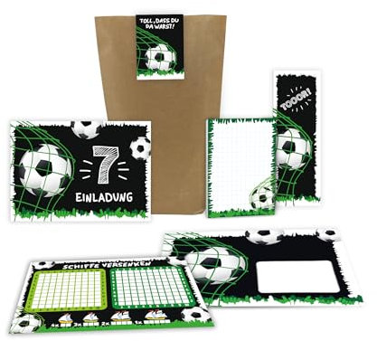 12 Einladungskarten zum 7. Kindergeburtstag siebte Geburtstag Jungen Fussball Fußball incl. 12 Umschläge, 12 Tüten, 12 Aufkleber, 12 Lesezeichen, 12 Blöcke, 12 Schiffe versenken