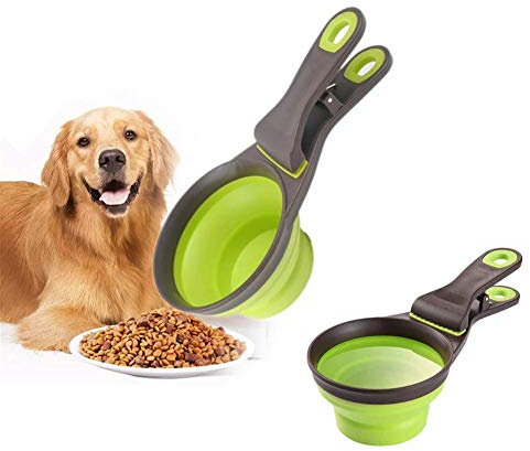 Ceasyde Pelle à nourriture multi-usage pour animaux de compagnie, 3 en 1, tasse à mesurer pliable en silicone et clip d'étanchéité pour chien, chat, stockage de nourriture, eau, collation, bol de
