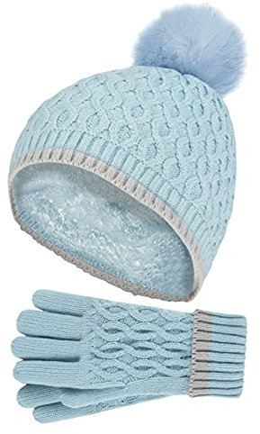 HEAT HOLDERS - Mädchen Kinder StrickMütze Bommel Pompom und Strickhandschuhe Set (7-10 Jahre, al Blau)