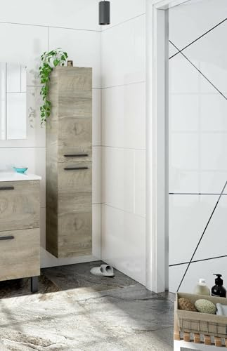 Dmora - Badezimmersäule Alexandria, Säulenschrank für Badezimmer mit 2 Türen, Hängeschrank mit 2 Einlegeböden, cm 30x25h150, Eiche