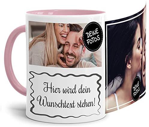 Foto-Tasse selbst gestalten mit Text & Collage für 2 Fotos - Geschenk für Familie, Freunde, Geburtstag, Weihnachten - Keramik Innen & Henkel Rosa, 300 ml I Personalisiert