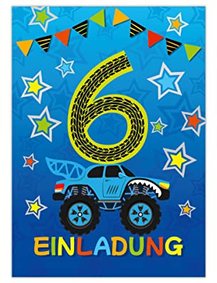 Junapack 12 Einladungskarten zum 6. Kindergeburtstag sechste Geburtstag Jungen Monster-Truck Auto Geburtstagseinladungen