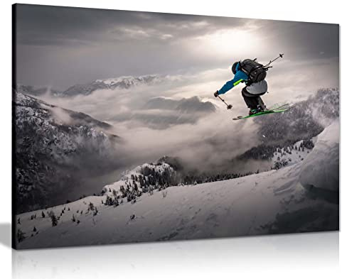 Panther Print Fine Art Prints Kunstdruck auf Leinwand, Motiv Winter Ski Jump Drop from a Mountain Artistic Gerahmter Kunstdruck für Zuhause, Wände, Schlafzimmer, Wohnzimmer und Badezimmer, 76 x 51 cm