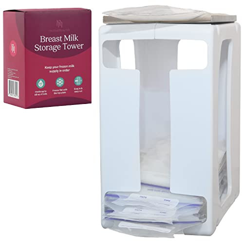 Nurse & Nourish Breast Milk Storage Tower & Freezer Organizer Bin - White Plastic, Holds 60 Oz - Metal Freezing Tray for Flat-Freeze Bags - Space-Saving Design