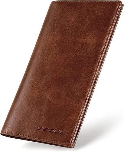 VISOUL Portefeuille Homme en Cuir Véritable, Portefeuille Long à Deux Volets en Cuir avec Blocage RFID, Porte Chéquier avec 3 Compartiment à Billets et 12 Emplacements pour Cartes (Marron)