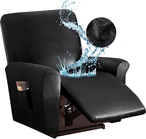 GJXJY Wasserdicht 4 Stück Relaxsessel Bezug, PU Stretch Ruhesessel Bezug, 1 Sitzer Sesselschoner für Fernsehsessel mit Seitentasche Sofabezug Passend für Liegesessel (Color:Schwarz)