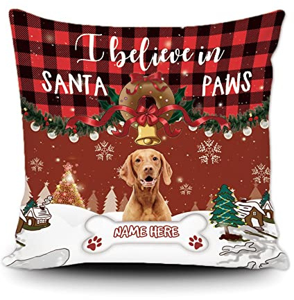 Funda de almohada personalizada para perro de Feliz Navidad con Vizsla, a cuadros de búfalo, decoración de invierno, para cama, sofá, I Believe In Santa Paws lona, 20 x 20 pulgadas, doble cara