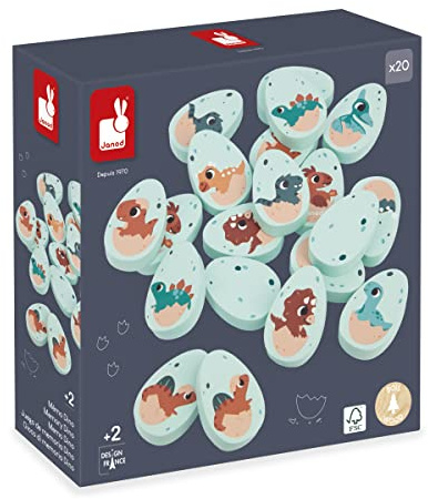 Janod - Dinosaur Memo Game - 20 Dinosaur Egg-Shaped Wooden Pieces - 10 Pairs of Baby Dinosaurs - Children’s Memo Game - 24 Months +, J05826