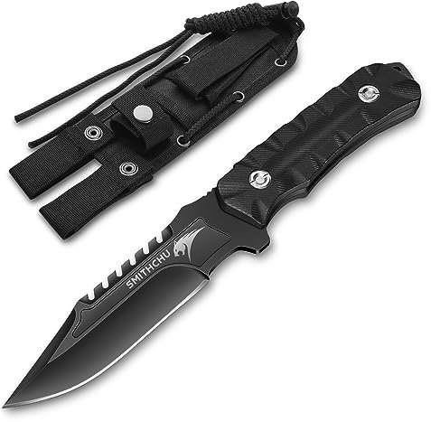 SMITH CHU Couteau de chasse tranchant Couteau de survie Lame fixe Couteau d'extérieur Full Tang Couteau de camping avec étui en nylon et paracorde,Cadeaux pour hommes