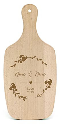 Hochzeitsgeschenk personalisiert Schneidebrett Vintage Blätterkranz graviert - Bräutigam Braut Name & Hochzeitsdatum - Hochzeitsdeko Tischdeko 34 x 15 cm