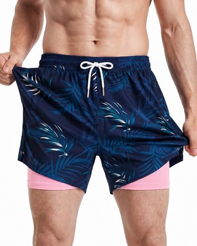 maamgic 5 Mens Swim Shorts with Compression Liner 4-Way Stretch Bathing Suit Swimming Shorts with Pockets,5.5 Navy Palm Pink,M