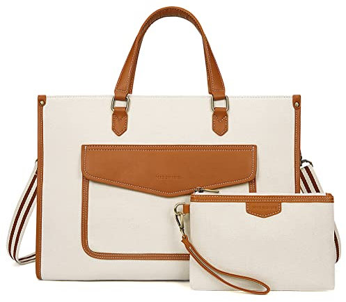 Missnine Laptoptasche 15,6 Zoll Handtasche Damen Business Arbeitstasche Shopper Groß mit Clutch Geldbörse 2er Set Lehrertasche Aktentasche Für Büro Uni Braun & Beige