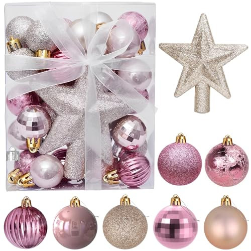 30 Stück Mini Weihnachtskugeln mit Aufhänger,3CM Klein Christbaumkugeln Roségold Kugeln Mini Weihnachtsbaum Tisch-Weihnachtsbaum Dekorationsset