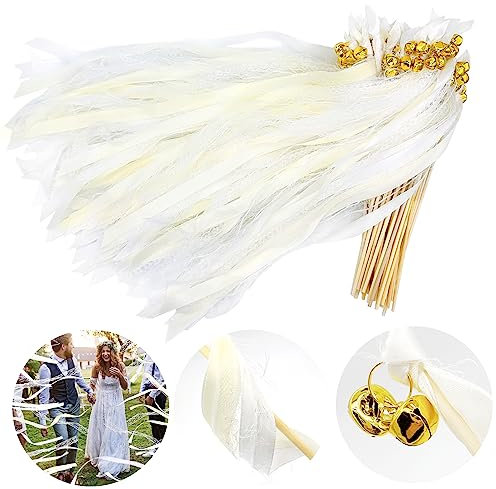 Wedding Wands,50 Stück Stäbe mit 100 Groß Glöckchen und 150 Hochzeitsbändern,Seidenfeenstab,Gastgeschenke für Partys,Zauberstäbe Hochzeit Luftschlangen,für Hochzeiten,Geburtstage,Feiertagsfeiern