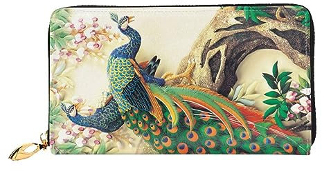 DOFFO Orientalische Pfau Auf Blume Baum Druck Leder Brieftasche Für Frauen Geldbörse Schlank Reißverschluss Telefon Kleingeld Geldbörse Kupplung Kartenhalter Fall Brieftasche, Orientalischer Pfau auf