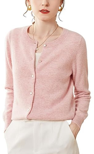 Valin Gilet Cachemire 95% Femme Col Rond Rose Solide Couleur Tricoté Mince Manches Longues Fin Cardigan en Cachemire et Laine,36,SPR2248
