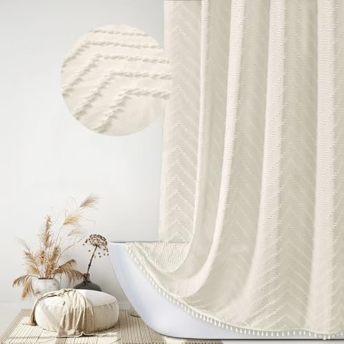Siiluminisoy Extra langer Boho-Duschvorhang, gewebter Stoff, 213,4 cm, cremefarben, 183,4 x 213,4 cm, getuftet, Chevron, gestreift, modern, schick, strukturiert, minimalistisch,