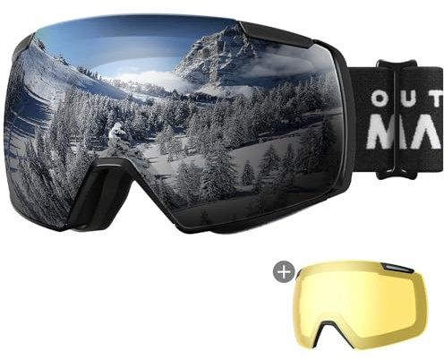 OutdoorMaster Heron Skibrille mit 2 Gläsern, rahmenlos, magnetisch austauschbare HD Toric Lens, OTG Snowboardbrille für Männer & Frauen, 100% UV-Schutz Snow Goggles(Silber Vlt 10% + Gelbe Linse)
