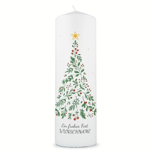 GRAVURZEILE Bedruckte Weihnachtskerze - Tannenbaum - Personalisiert mit Namen & Wunschtext - Tisch Dekoration zu Weihnachten - Geschenke für Sie & Ihn - Hochwertige Stumpenkerze 250/80 mm