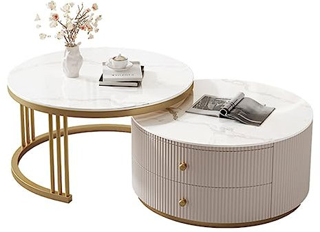 PRUJOY Runder Satztisch, ausziehbarer Couchtisch, große Stauraumkapazität, freie Kombination oder Teilung für das Wohnzimmer (A 60/70cm)