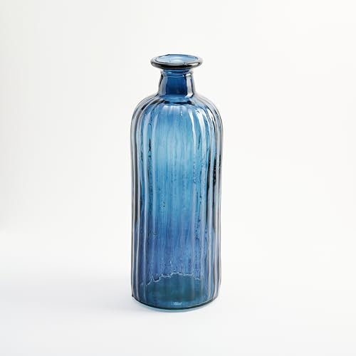 Botella Grande de Vidrio Reciclado Estilo Mediterráneo con Diseño Rayado - Cristal Artesanal para Decoración del Hogar como Jarrón o Florero (Azul Marino)