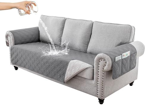 RAPRAP 100% Wasserdicht Sofa überzug 3 Sitzer, rutschfest Sofabezug mit Tasche für Kinder, Haustiere, Hunde, Waschbare Sofaschoner,Grau,3 Seater