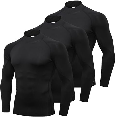 YUSHOW 3 Pack Compression Tops for Men Long Sleeve Mens Running Top Quick Dry Turtleneck Base Layer Top for Gym Sports Fitness Workout Cycling Football Training T-Shirts