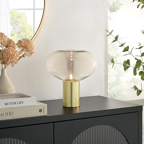 Furniturebox UK Table Lamp - Sarah - Modern Desk Table Light - Clear Glass Bowl Shade - Brass Metal Base - Minimalist Mid Century Industrial Lighting - Living Room Office or Bedside Lighting