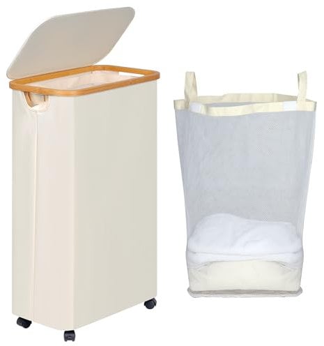 efluky Wäschekorb mit Rollen, 75L Faltbarer Wäschekorb mit Deckel, Beige Schlanker Wäschebehälter mit Bambusgriffen und abnehmbarem Beutel für Schlafzimmer, Bad, Waschküche