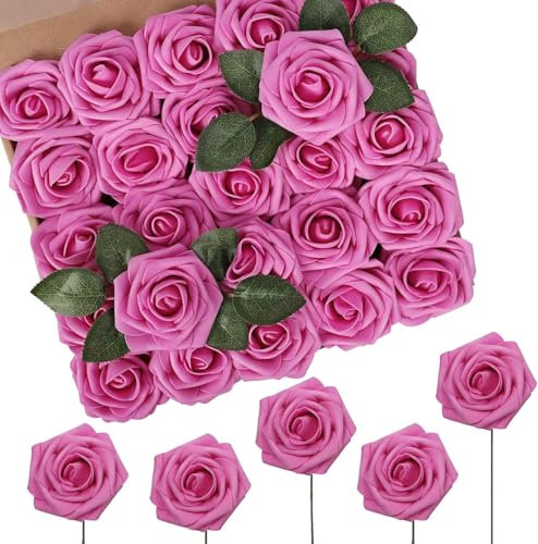 N&T NIETING künstliche Blumen, Heiße Rosa Künstliche Rosen, 50 Stück Gefälschte Blumen mit Stiel für DIY Hochzeit Sträuße Mittelstücke Braut Baby Dusche Party Home Dusche Arrangement Dekoration