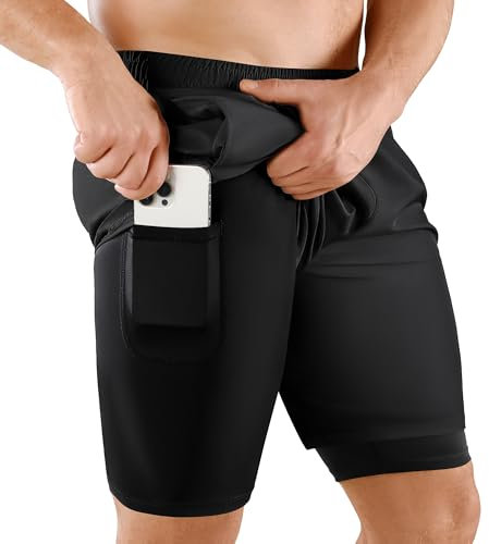 Niksa 1er Pack Herren 2 in 1 Shorts Schnelltrocknende Sporthose Herren Kurz 7 Atmungsaktiv Laufshorts mit Handytasche Sport Shorts, Schwarz, M