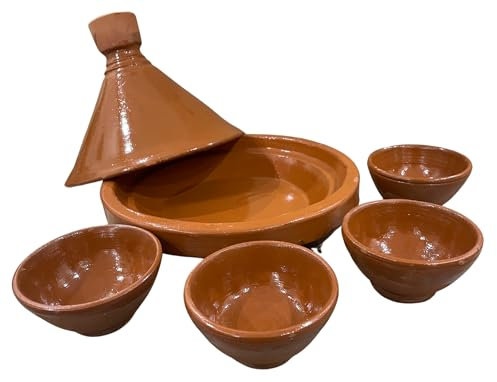 5-Piece Tajine Set - Moroccan Tajine Ø 33 and 4 Terracotta Bowls - Craft and Tradition of Morocco - Authenticity and Travel