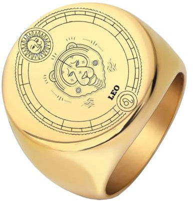 PAURO Herren Damen Edelstahl Hochglanzpolierter 12 Sternbilder Horoskop Sternzeichen Runder Ring Gold Löwe Größe 70 (22.3)