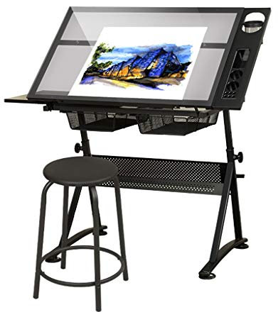 KOHARA Neigbarer Zeichentisch, Verstellbarer Kunsttisch, Mit Aufbewahrungs-Basteltisch, Zeichentisch Glasplatte, Zeichentisch