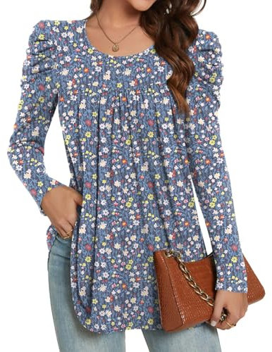 Anydeer Women Tops Casual T-Shirt Long Puff Sleeve Blouses Pleated Fall Basic Tunic Loose Pullover, L, Motley Flowers-Blue