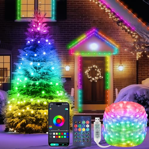 Diealles Shine Guirnalda de Luces, 20M 200LED RGB Luces Arbol Navidad, Impermeable IP65, Control de APP/Control Remoto, Luces de Navidad para Interiores Halloween Fotos Decoración de Fiesta
