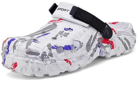 FLIOZY Mens Camouflage Printed Garden Clogs Slip On Water Shoes with Adjustable Back Strap – Lightweight Outdoor EVA Rubber Mules for Beach, Pool, Yard, and Summer Hiking White 40