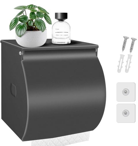 FARVIGOR Toilet Paper Holder Wall Mount, Self Adhesive Toilet Paper Holder with Shelf, Waterproof Stainless Steel Bathroom Toilet Tissue Roll Holder Cat Dog Proof, Gray