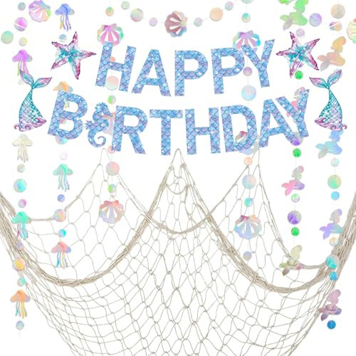 Party Deko Geburtstag Meerjungfrau, Fischernetz Deko Wand 100cm x 200cm, Happy Birthday Banner Girlande, Bunt Glitzer Papier Garland, Unterwasserwelt Kindergeburtstag Deko