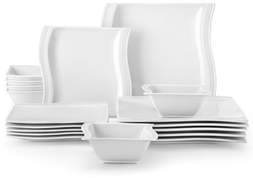 MALACASA, Serie FLORA, 18-teilig Weiß Porzellan Tafelservice Kombiservice Geschirrset, je 6 Speiseteller, Dessertteller, Müslischalen für 6 Personen