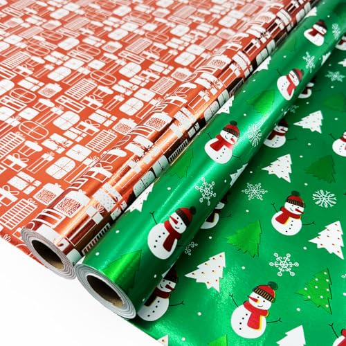 Fassory Geschenkpapier, 20 m, 2 Rollen 43 cm x 10 m, metallisches Geschenkpapier, Rot-Grün, Weihnachtsgeschenkpapier, Schneemann/Geschenkmuster, Geschenkpapierrollen für Weihnachten, Geburtstag,