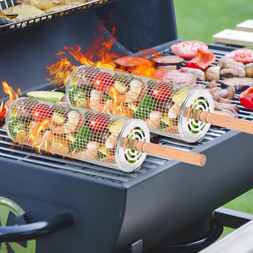 Paquete de 2 cestas rodantes para barbacoa, cesta para barbacoa de acero inoxidable con mango de madera, cesta giratoria para barbacoa, accesorios para barbacoa para acampar al aire libre