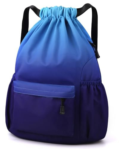 Eucomir Sac à Dos à Cordon, Sac à Cordon Imperméable Large Bandoulière Sacs de Sport à Cordon Sac de Gym Avec Poche Intérieure Et Poche De Sécurité avec Poche Avant Et Arrière Zippée,Dégradé Bleu