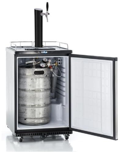 GDW Bierbar auf Rollen mit Reiling für max 50l Fass Komplettsets mit schwarzer Edelstahl-Schanksäule, Co2 in 425g, 500g oder 2kg & 4 versch. Kegs zur Auswahl (Flachkeg Tpy A, 500g Co2)