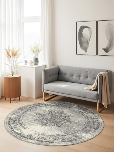 Hanse Home Lydia Kurzflor Teppich Rund – Orientalischer Wohnzimmerteppich, Kurzflor Klassisch, Weich im Orient Design für Wohnzimmer, Schlafzimmer, Esszimmer, Flur – Creme Grau, Ø160cm