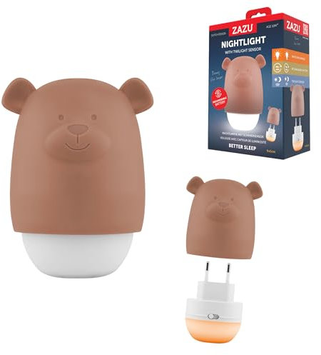 ZAZU Benny Nachtlicht für Kinder mit Dämmerungssensor – Wiederaufladbar | Automatisch Ein/Aus | Weiß & Orange Licht | Tragbar & Steckdose | Akku bis 70h | Reise-Modus | Baby Nachtlampe (Brown)