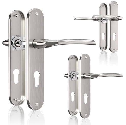 Bwintech 3 jeu de poignée de porte classique en nickel brossé avec trou d'écusson, distance de 195 mm entre les trous de vis, espacement de 70 mm entre les trous de serrure